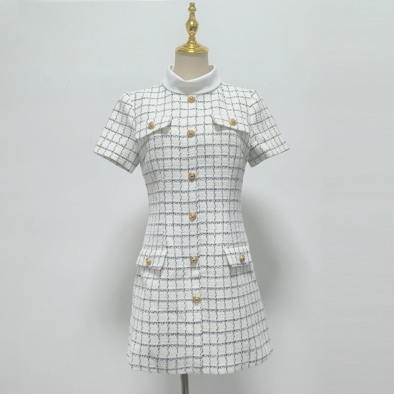 Decorative Buttons Check Mini Dress in White Avalabel