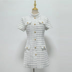 Decorative Buttons Check Mini Dress in White Avalabel