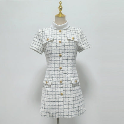 Decorative Buttons Check Mini Dress in White