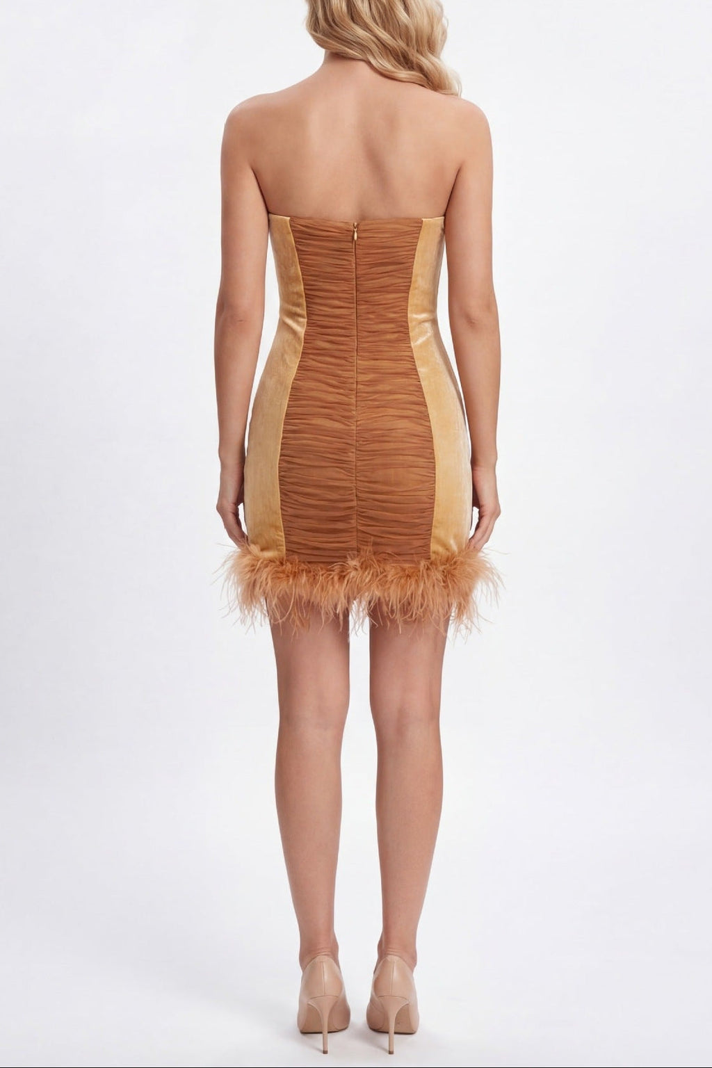 Anna Rhinestone Embellished Feather Strapless Mini Dress in Pale Brown Avalabel