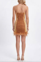 Anna Rhinestone Embellished Feather Strapless Mini Dress in Pale Brown Avalabel