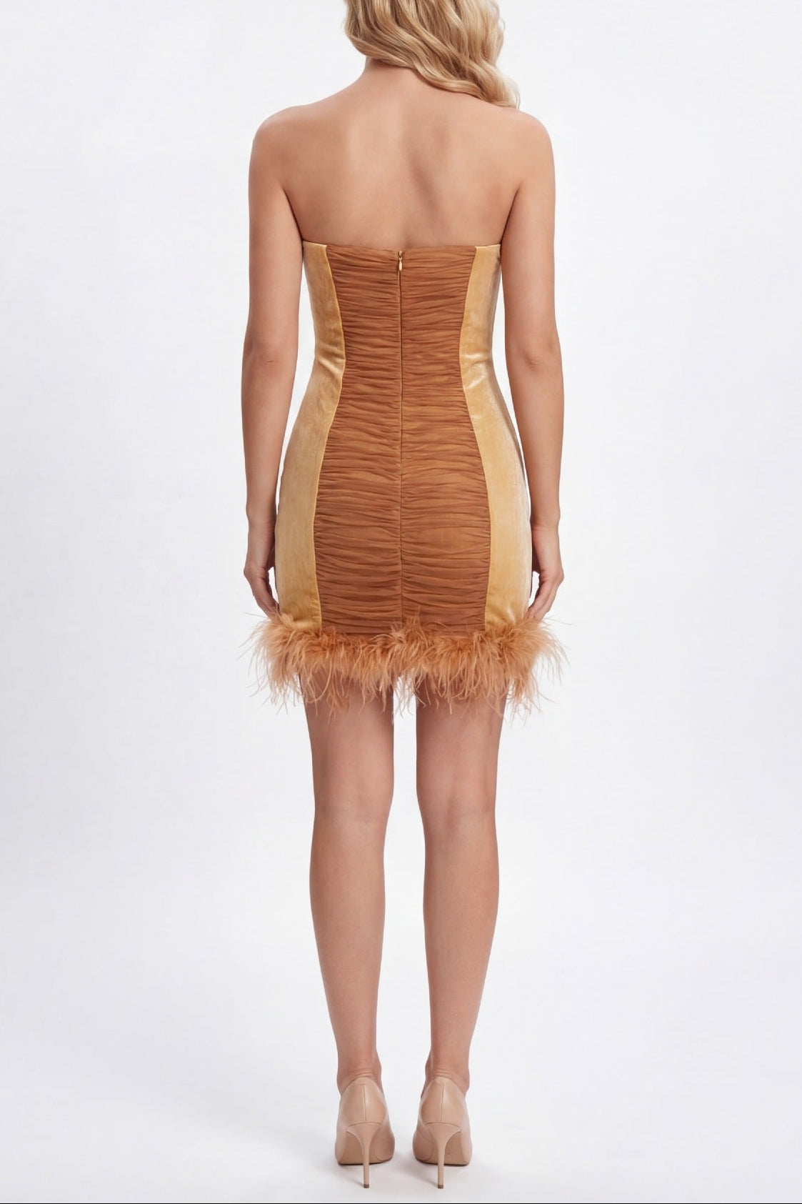 Anna Rhinestone Embellished Feather Strapless Mini Dress in Pale Brown Avalabel