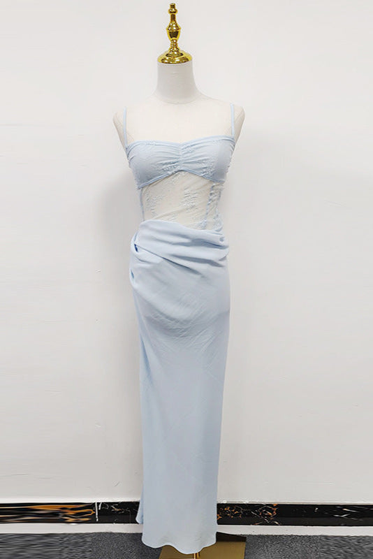 Hollow Pleated Suspenders with Ruffles Maxi Dress in Blue Avalabel