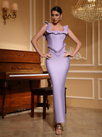 Hermosa Pearl Embellished Square Neck Ruffle Bodycon Maxi Dress - Purple Avalabel