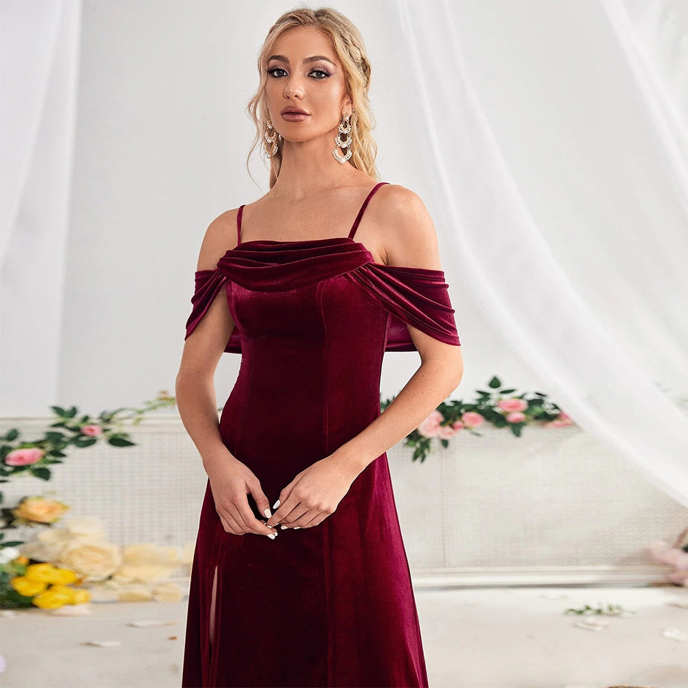 Slit Velvet Off-Shoulder Spaghetti Strap Dress Avalabel