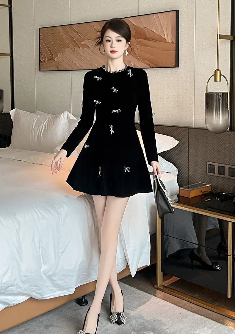 xaviera rhinestone embellishment velvet mini dress in black Avalabel