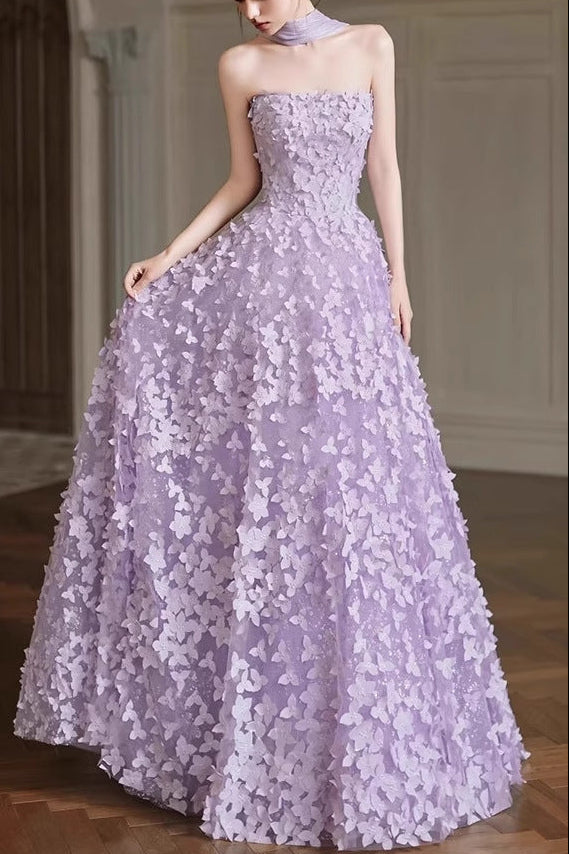 Arlene Floral Strapless Evening Gown - Purple Avalabel