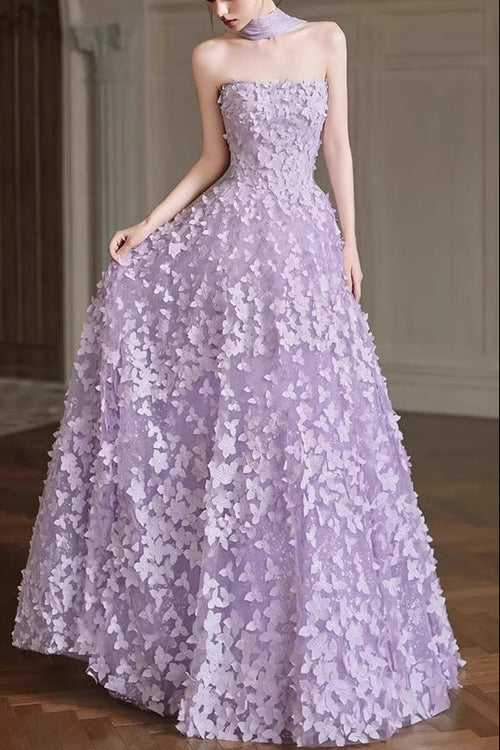 Arlene Floral Strapless Evening Gown - Purple Avalabel