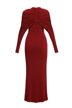 bonnie long sleeve pleated knot bodycon maxi dress in red Avalabel