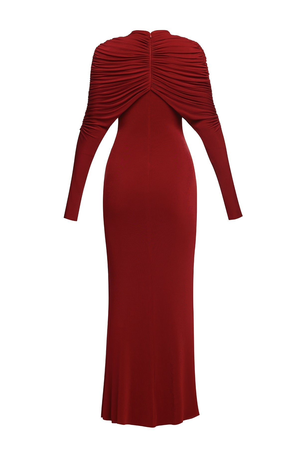 bonnie long sleeve pleated knot bodycon maxi dress in red Avalabel