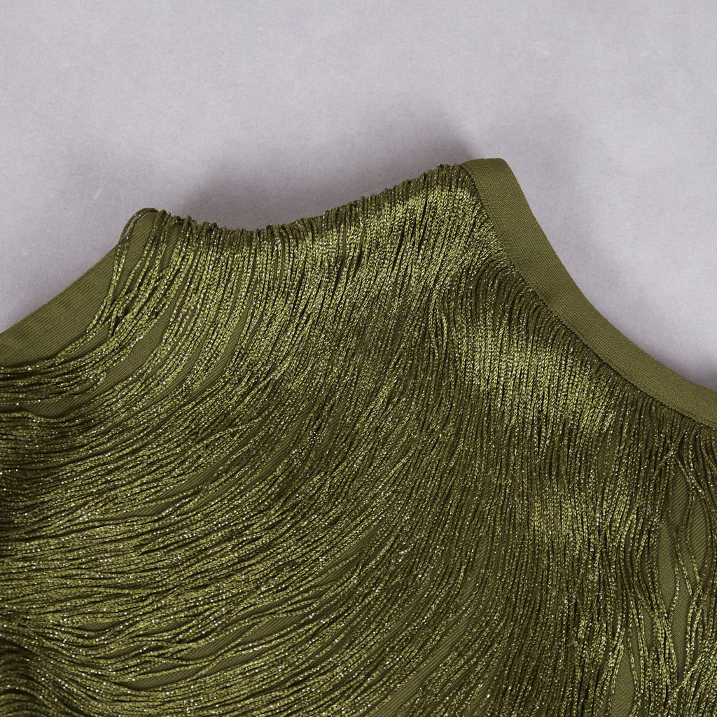 Sleeveless Turtleneck Tassel Paneled Top and Satin Skirt Set in green Avalabel