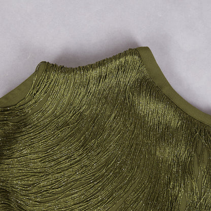 Sleeveless Turtleneck Tassel Paneled Top and Satin Skirt Set in green Avalabel