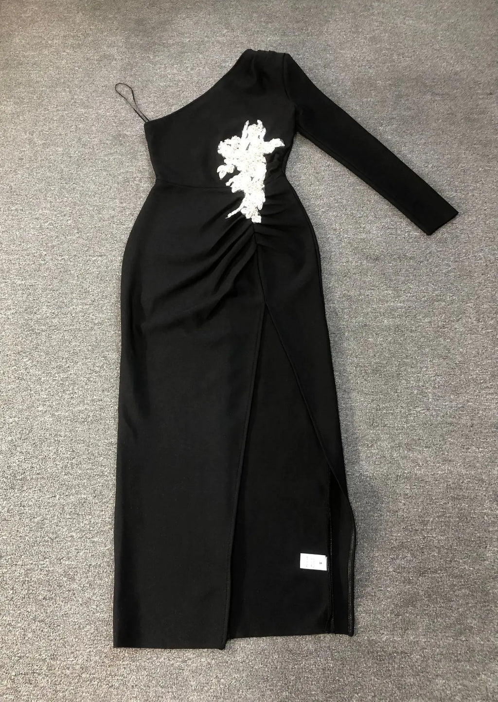 elsa one shoulder rhinestone appliqué bandage midi dress in black Avalabel