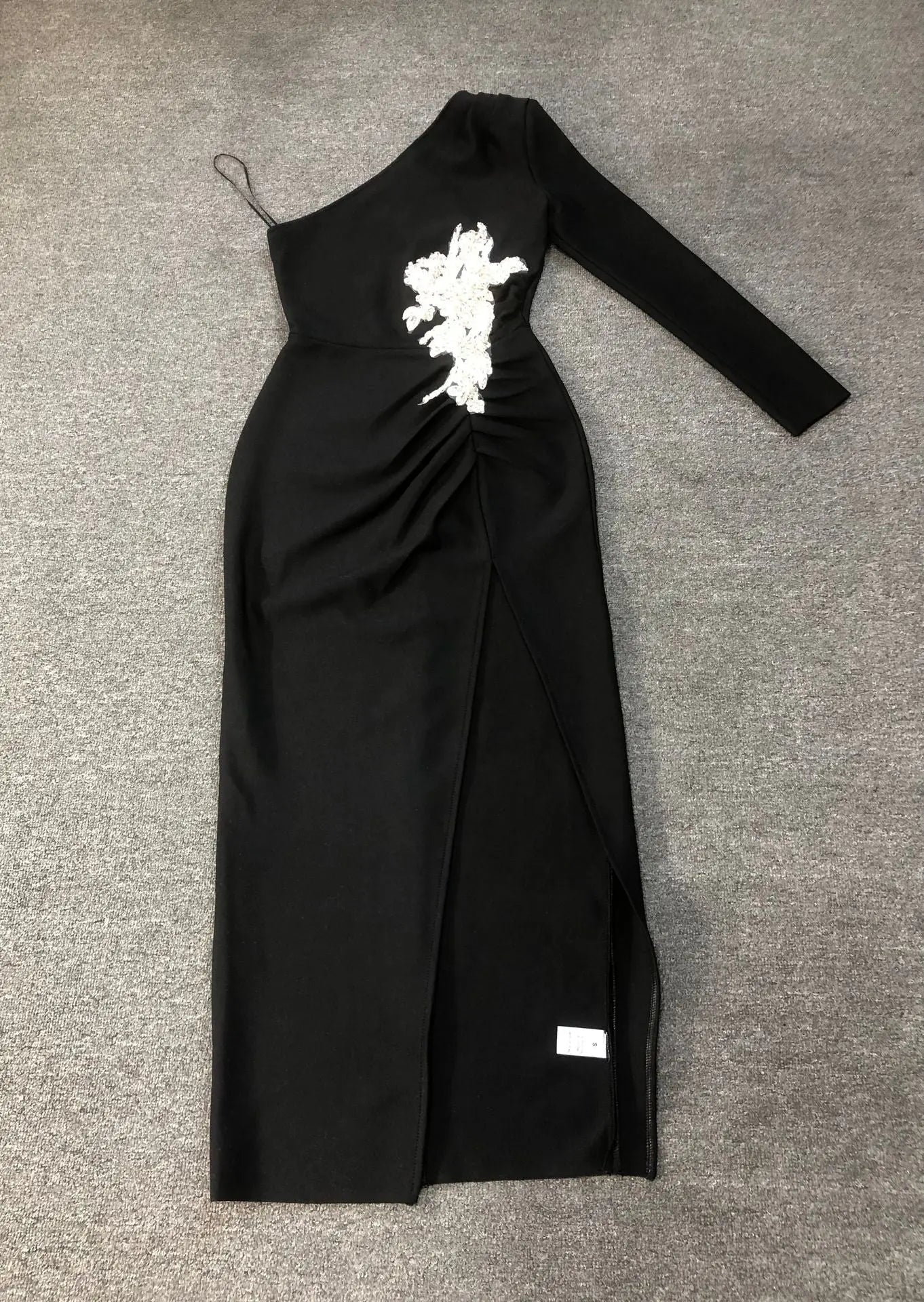 elsa one shoulder rhinestone appliqué bandage midi dress in black Avalabel
