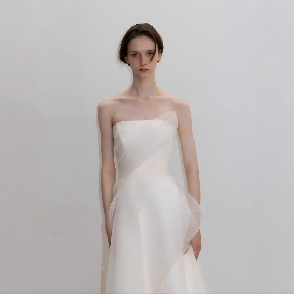 Lyuba White French Lightweight High-End Strapless Slim Fit Simple Maxi Dress Avalabel