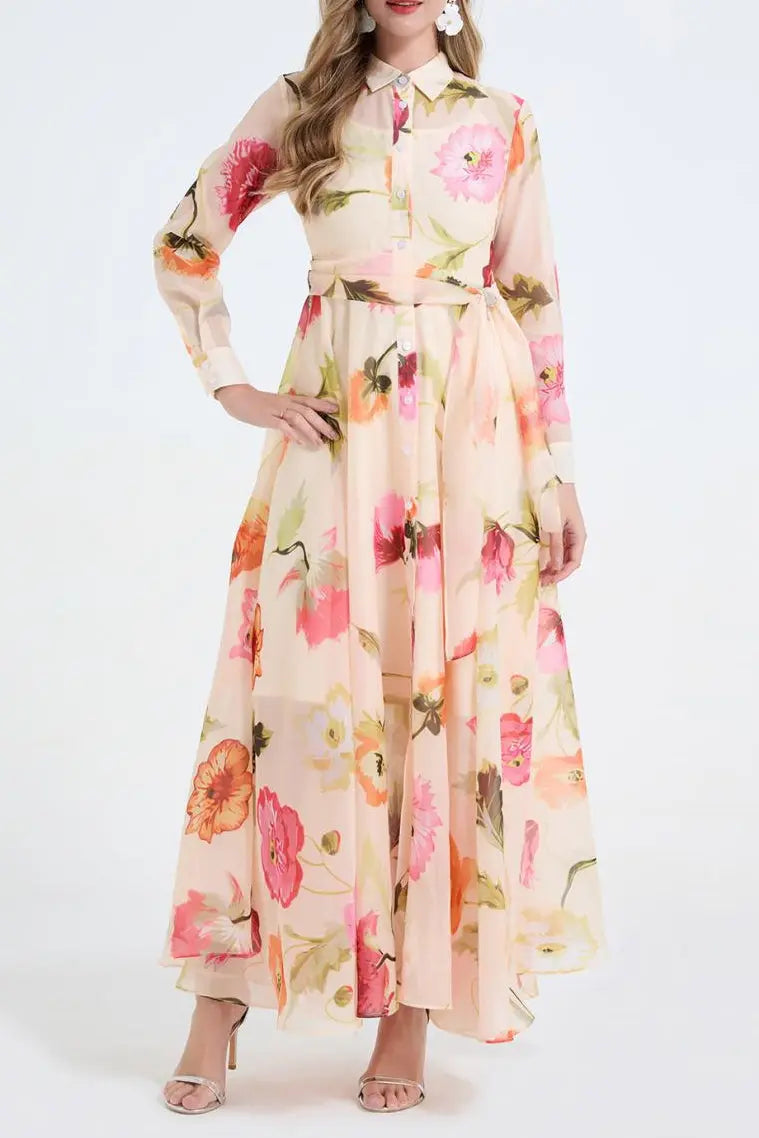 Dolores Colorful Floral Print Shirt Collar Maxi Dress Avalabel