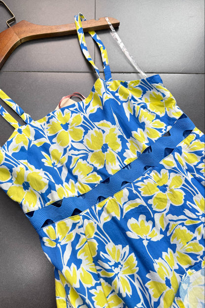 Wallis Floral Print HHollow Midi Dress in Blue
