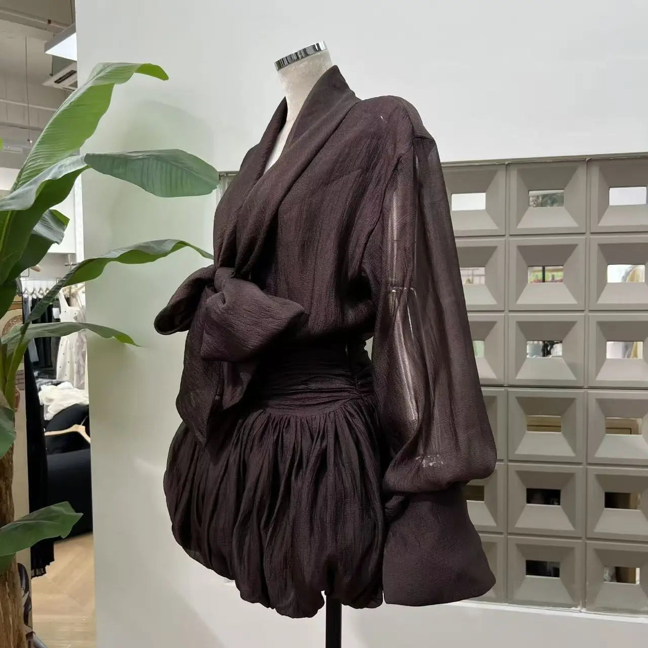 viola dark brown tie-neck bow mini shirt dress Avalabel