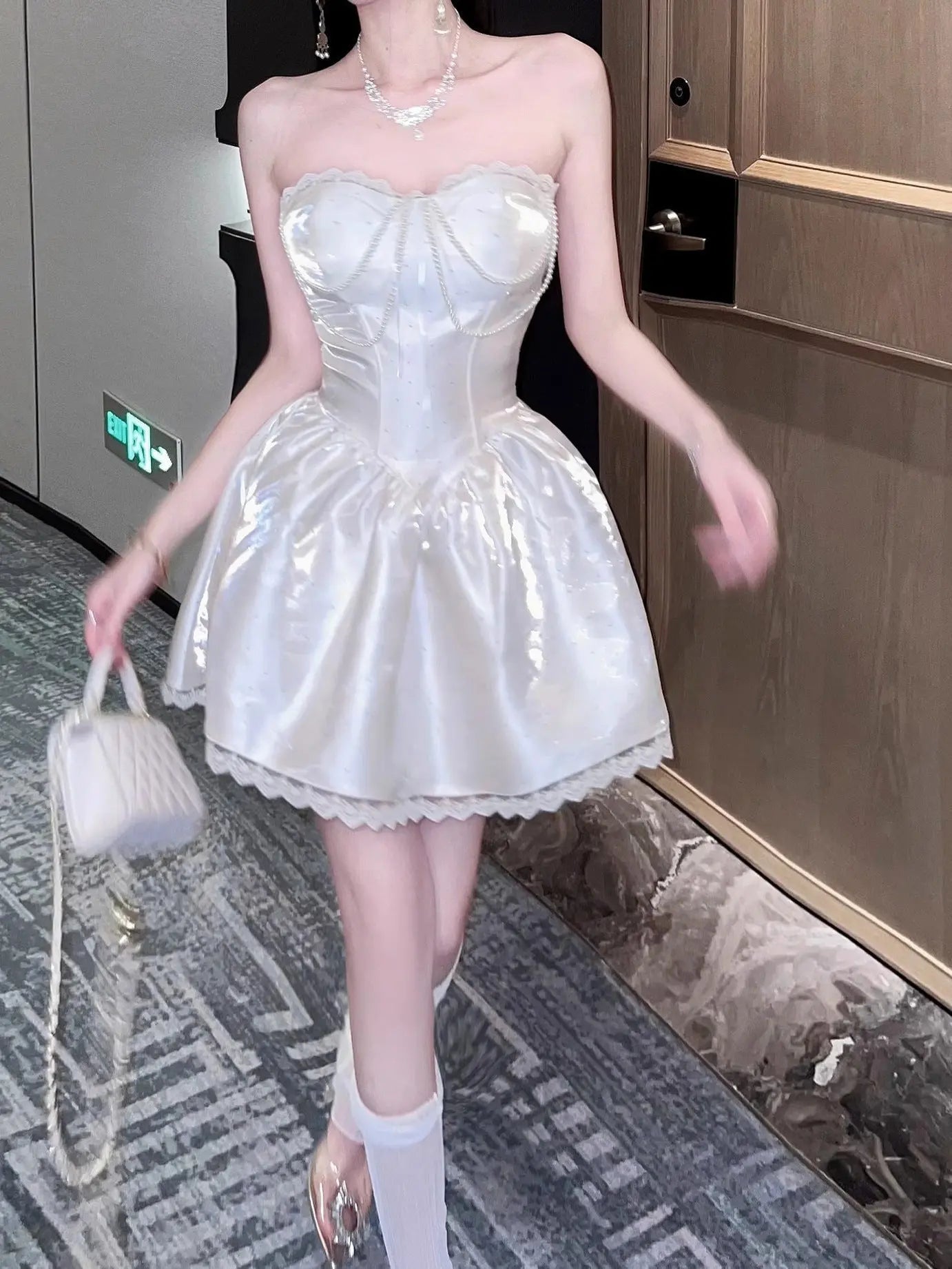 Adele White Sweetheart A-line Strapless Satin Mini Dress Avalabel