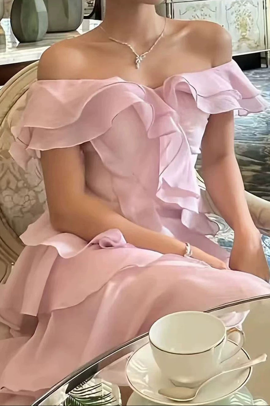Off Shoulder Ruffled Layer Chiffon Maxi Evening Dress Avalabel