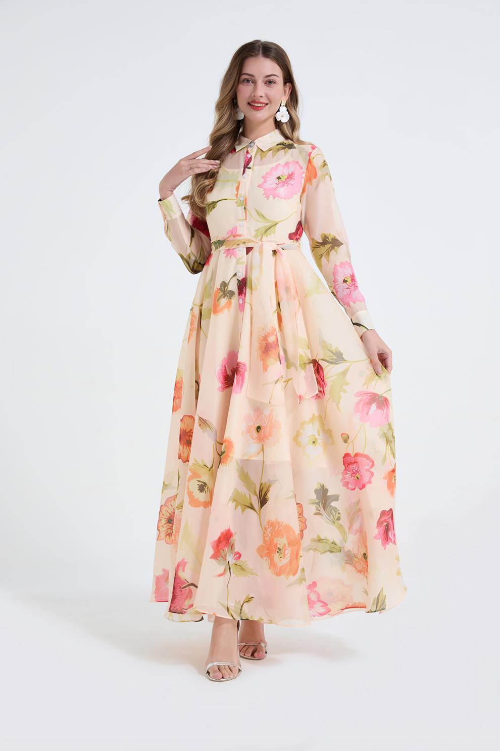 Dolores Colorful Floral Print Shirt Collar Maxi Dress