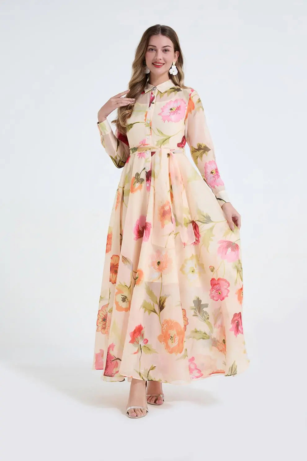 Dolores Colorful Floral Print Shirt Collar Maxi Dress Avalabel