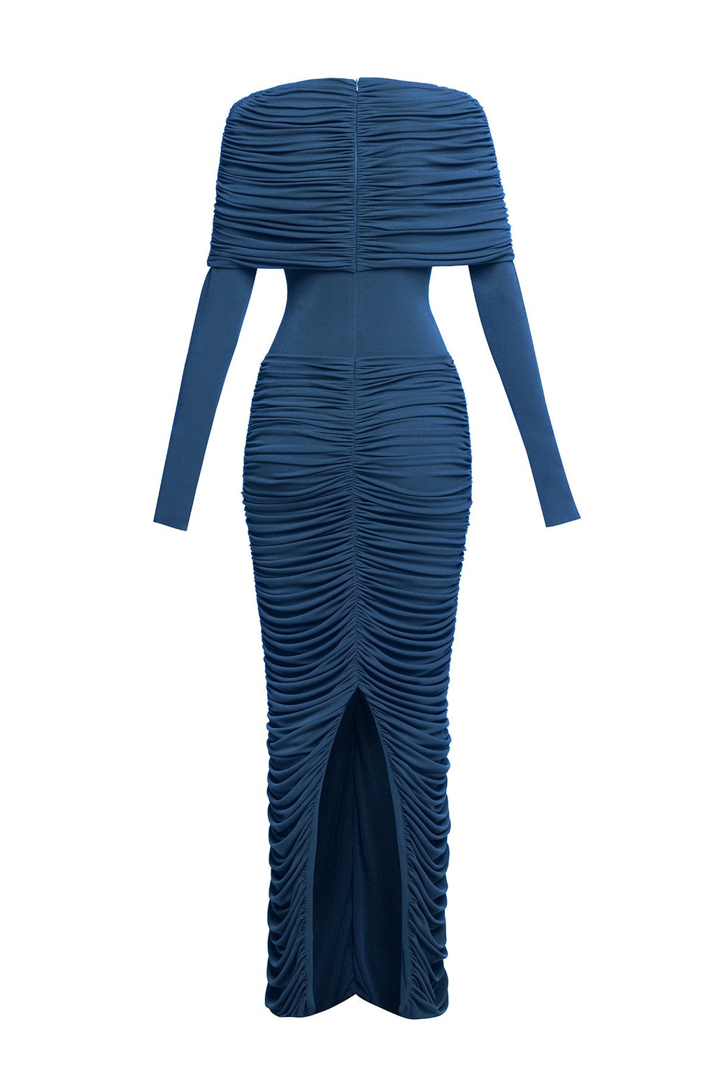 alice navy pleated Form-fitting maxi dress with asymmetrical draped shoulder Avalabel