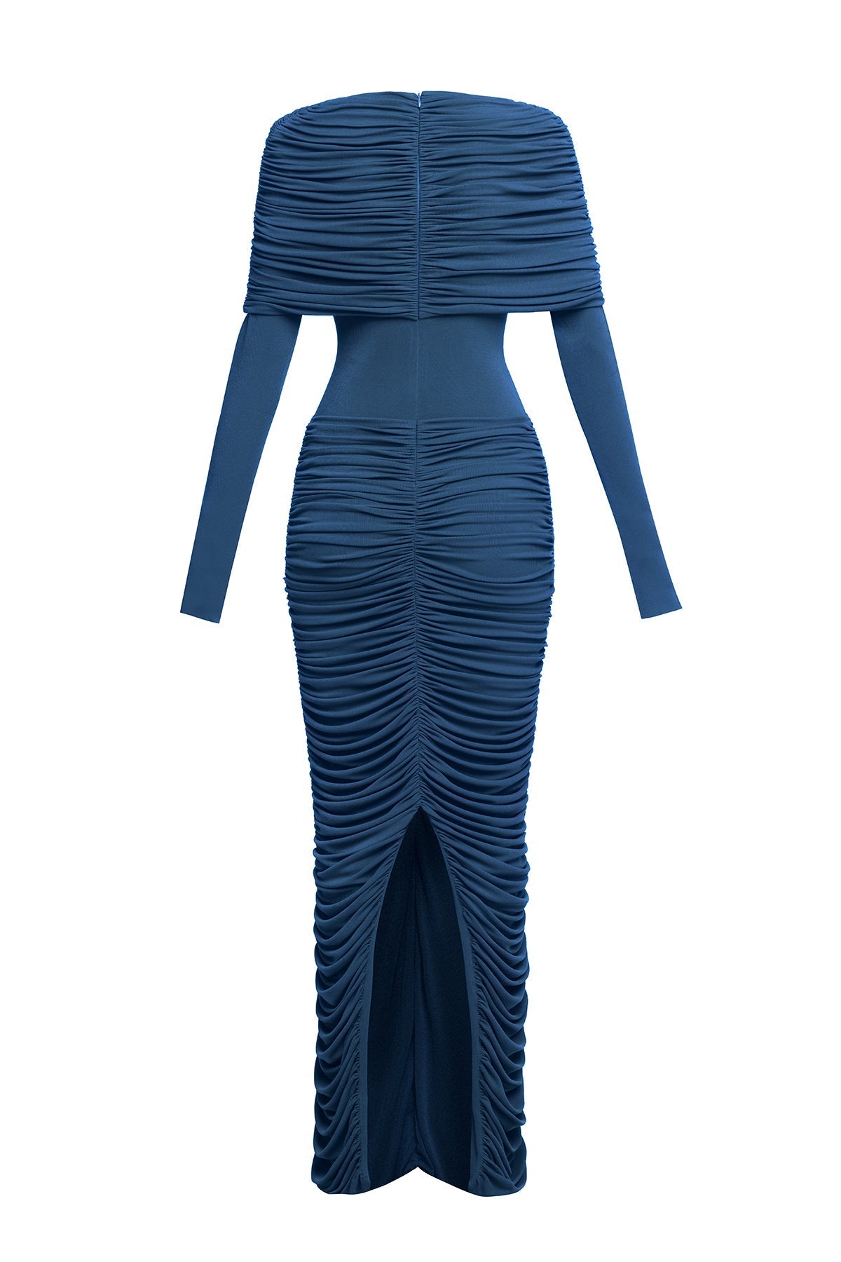 alice navy pleated Form-fitting maxi dress with asymmetrical draped shoulder Avalabel