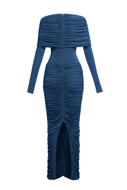 alice navy pleated Form-fitting maxi dress with asymmetrical draped shoulder