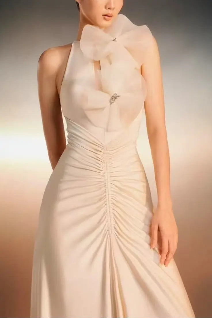 nicola Flower bow pleated bodycon maxi dress in white Avalabel