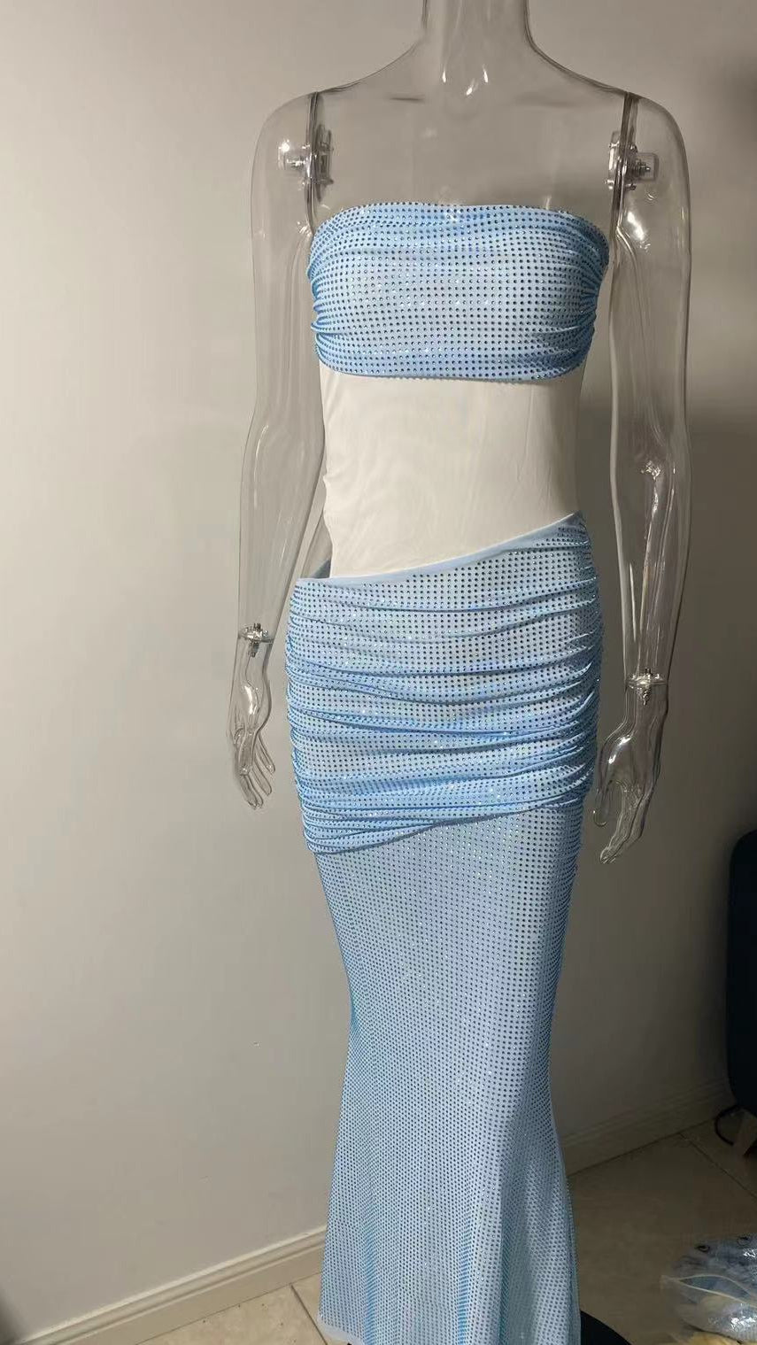 maggie off-shoulder Rhinestone Scarf Mesh Maxi Dress Avalabel