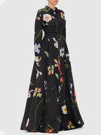 Black Floral Print Belted Shirt Maxi Dress with Slit Avalabel
