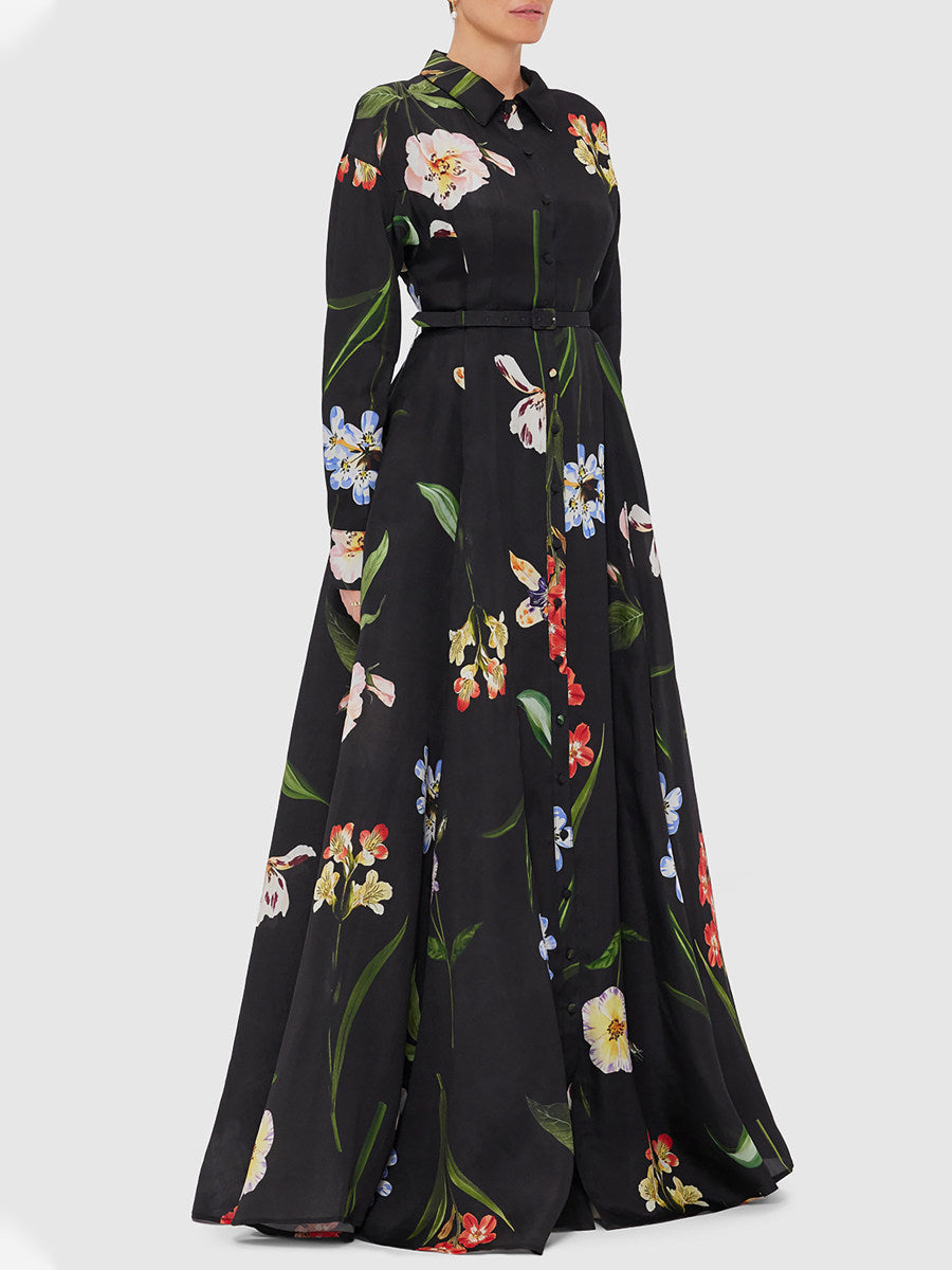 Black Floral Print Belted Shirt Maxi Dress with Slit Avalabel