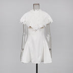 vanessa White mini dress with embroidered lace cape Avalabel