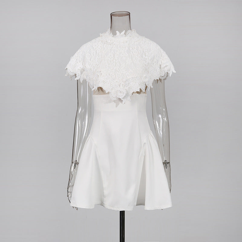vanessa White mini dress with embroidered lace cape Avalabel