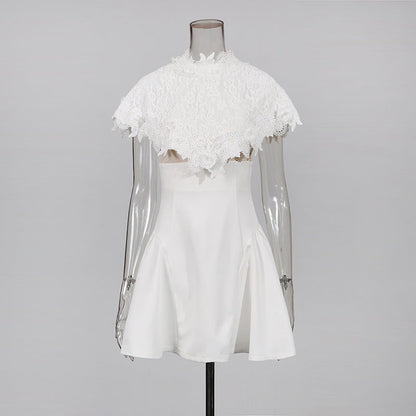 vanessa White mini dress with embroidered lace cape