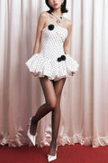 Polka Dot Strapless flower Corset Puff Mini Dress In white Avalabel