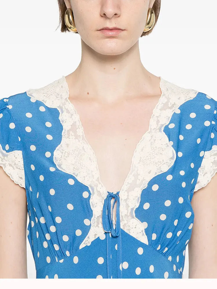 Lyuba Polka Dot Lace-Trimmed V-Neck Maxi Dress in Blue Avalabel