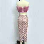 audrey pink feather top sequin Midi Skirt set Avalabel