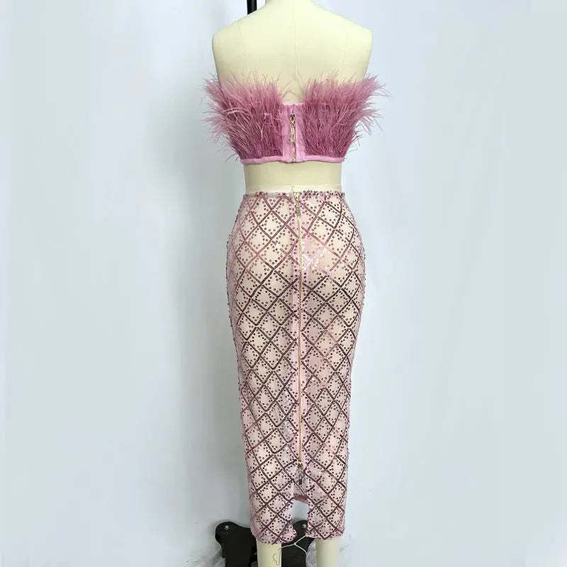 audrey pink feather top sequin Midi Skirt set Avalabel