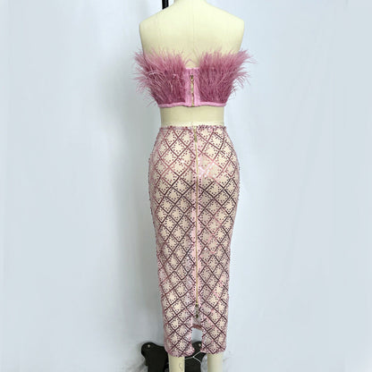 audrey pink feather top sequin Midi Skirt set
