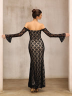 anna One-shoulder lace long sleeves maxi dress in black Avalabel