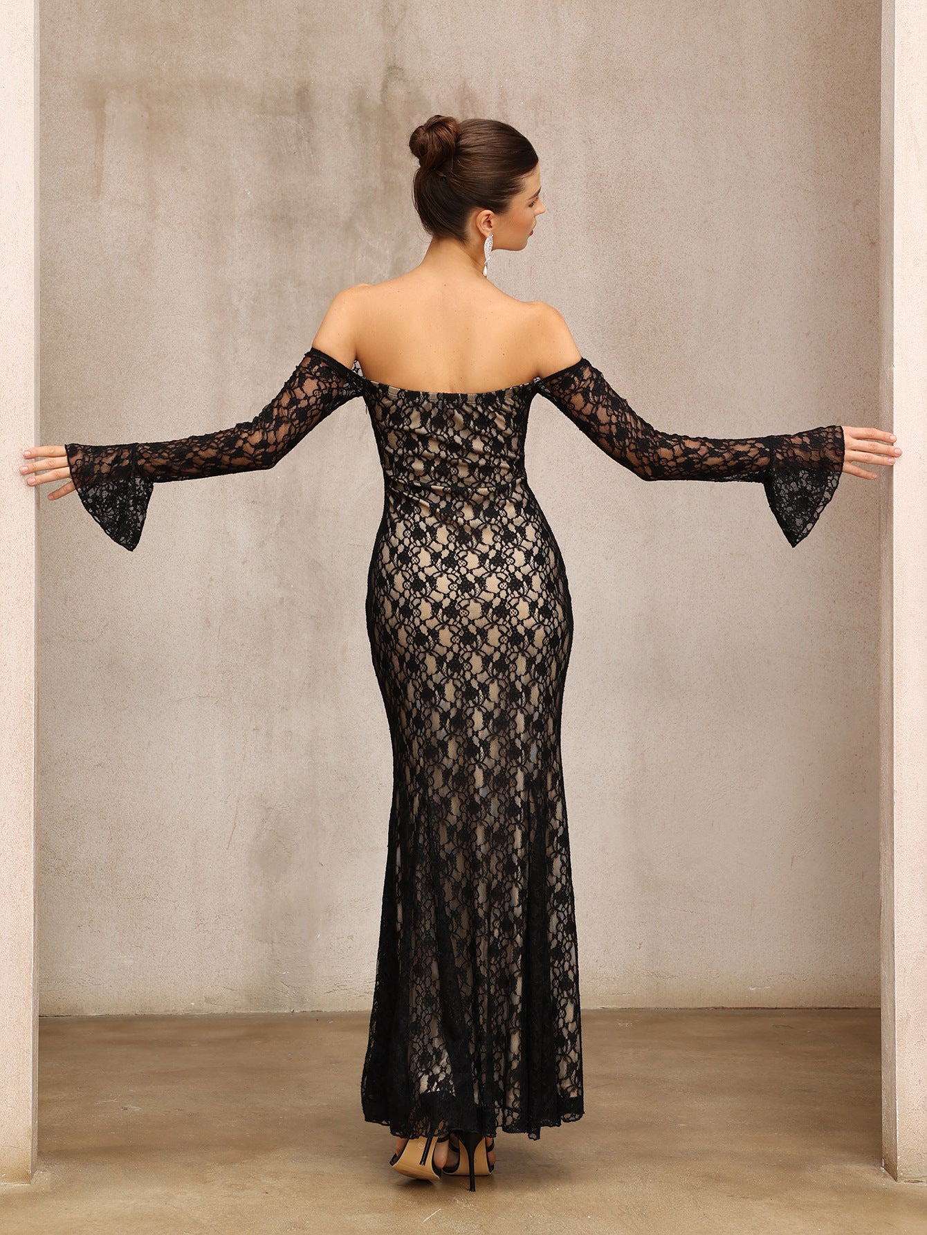 anna One-shoulder lace long sleeves maxi dress in black Avalabel