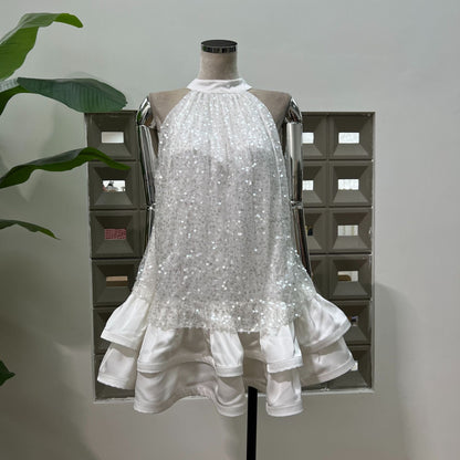Gemma Sequin Sleeveless Bowknot Mini Dress in White