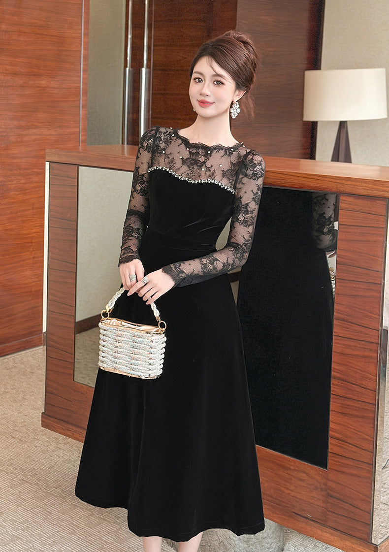Tiffany Lace Hollow Sleeve Rhinestone Velvet Maxi Dress in Black
