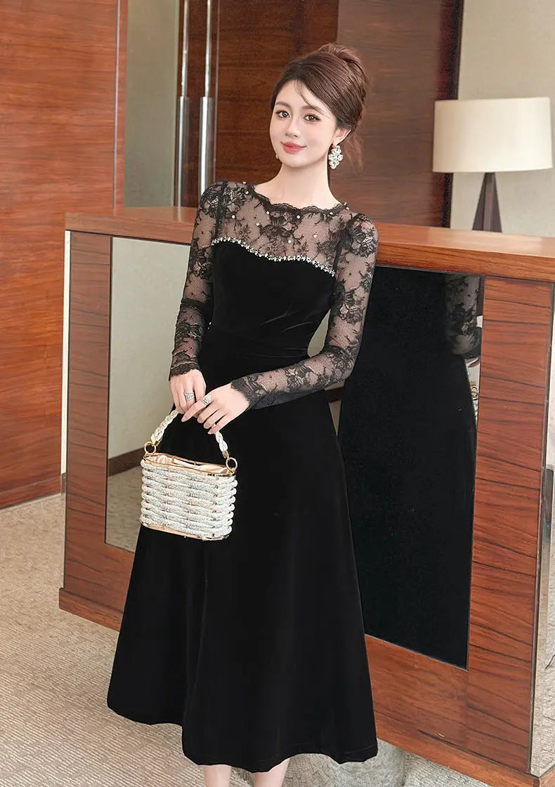 Tiffany Lace Hollow Sleeve Rhinestone Velvet Maxi Dress in Black Avalabel