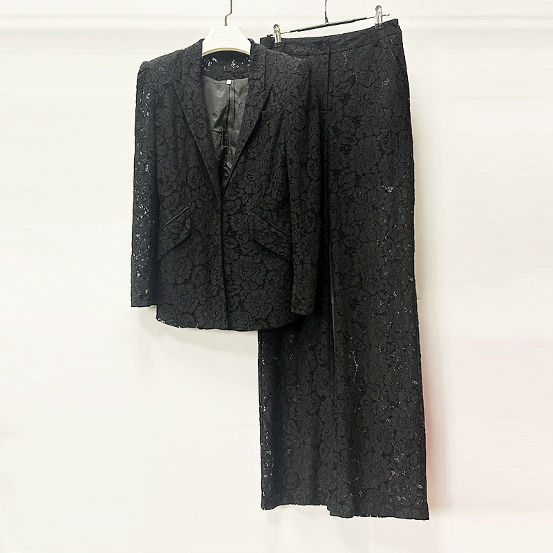 elvira v-neck Lace Blazer set in black Avalabel