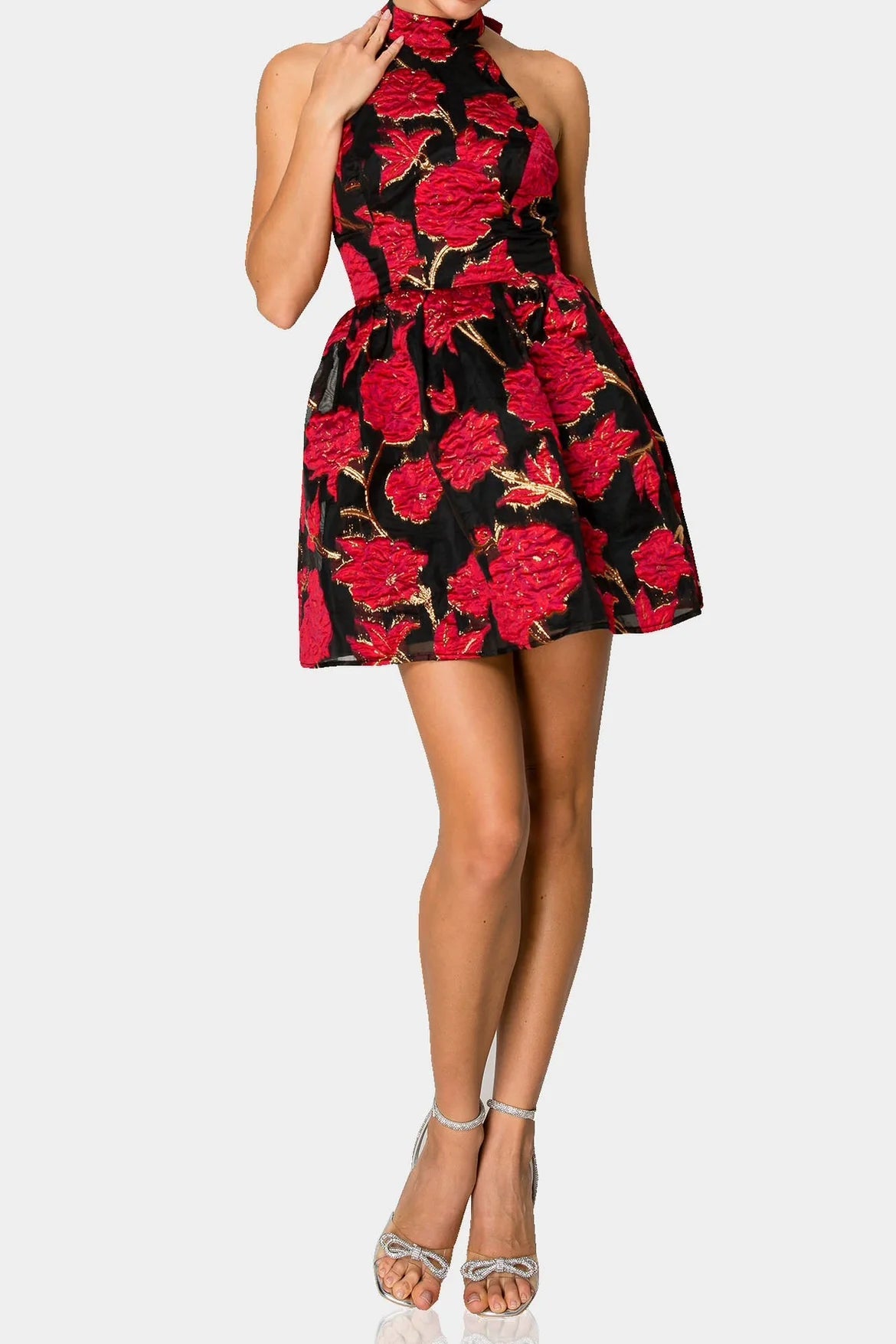 Jacquard halter backless A-line mini dress Avalabel