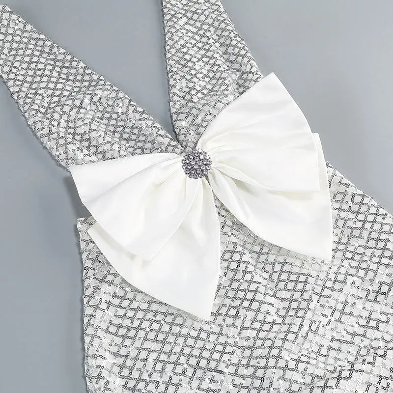 rebecca bow sequin embellished v neck maxi dress in silver Avalabel