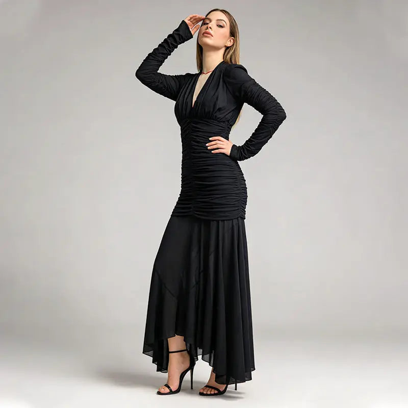 josephine v-neck ruched long-sleeve maxi dress in black Avalabel